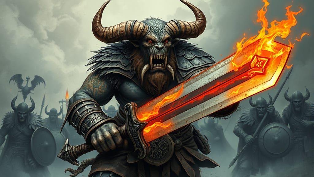 Horned Troll with Flaming Sword in Comic Book Style