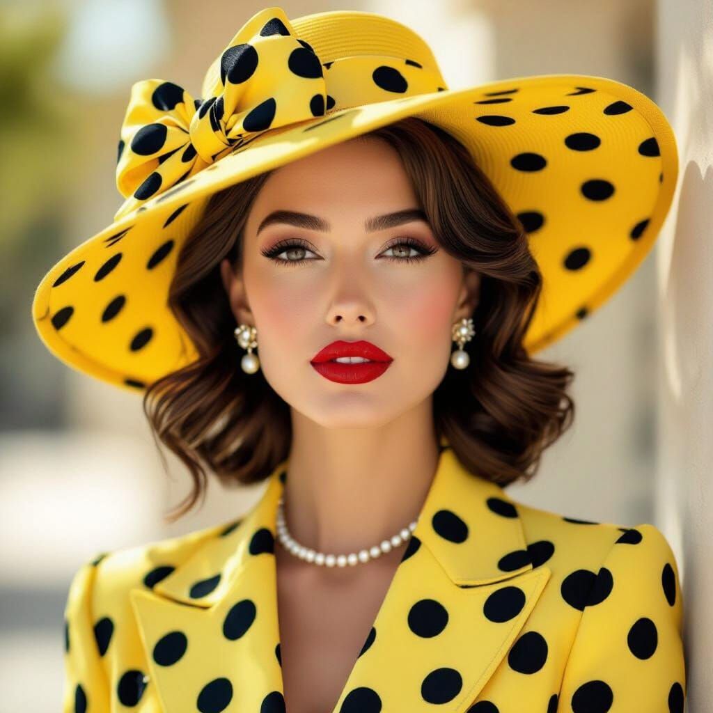 Elegant Woman in Yellow Polka Dot Hat and Suit
