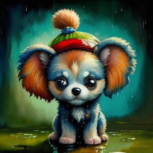Sad Puppy in Rain: Watercolor Photorealistic Painting