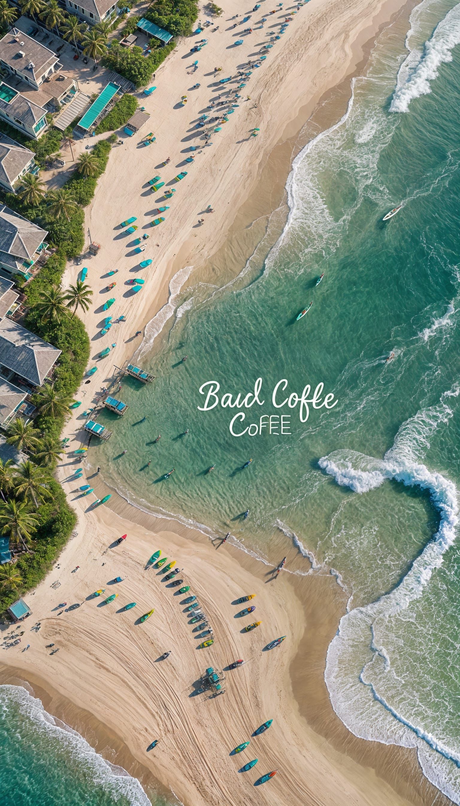 Jade Green Beach with Surfers and Text