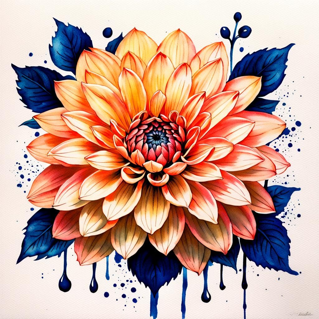 Peach, Dahlia, and Blue Ink Still Life