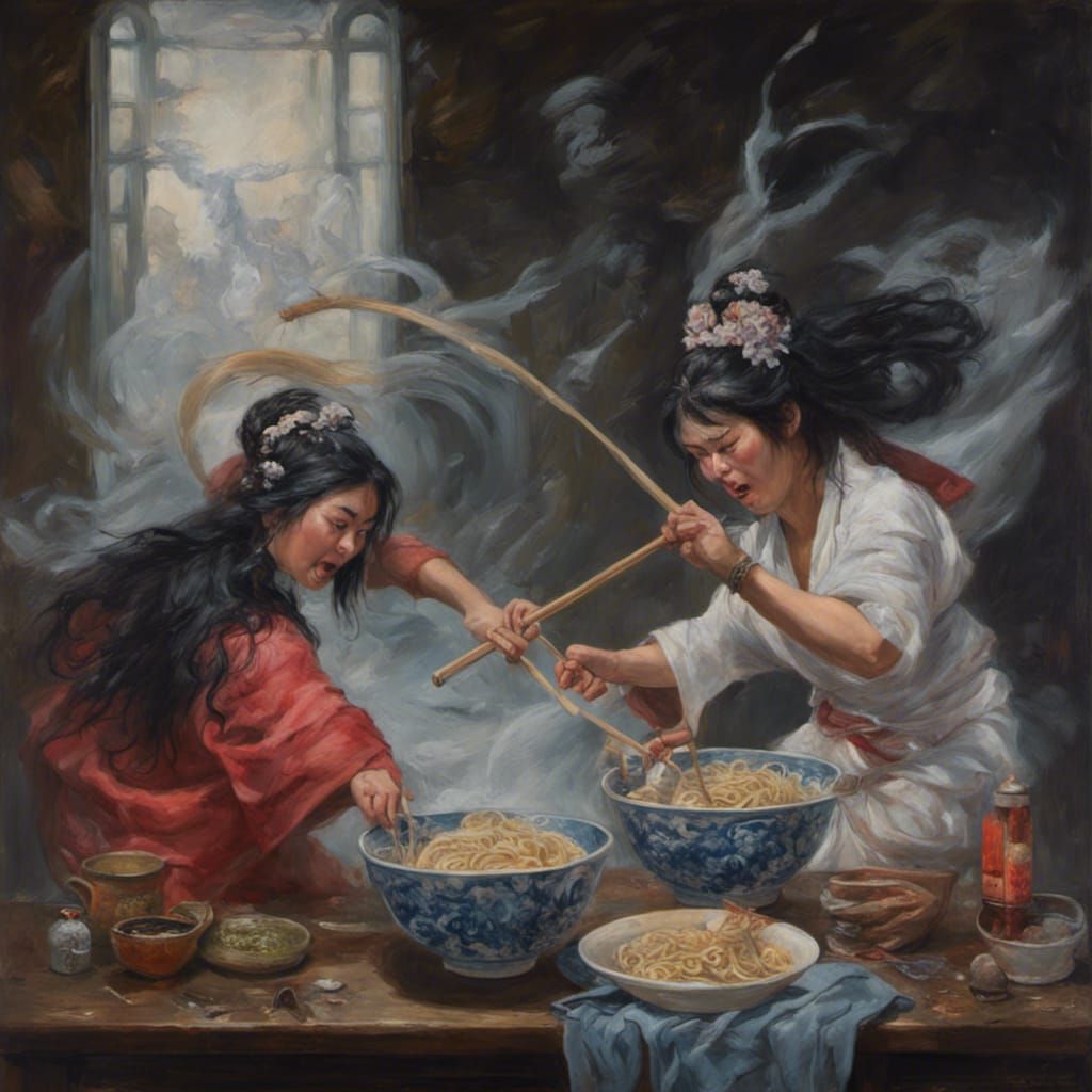 Goddesses Battle Over Ramen: An Oil Painting