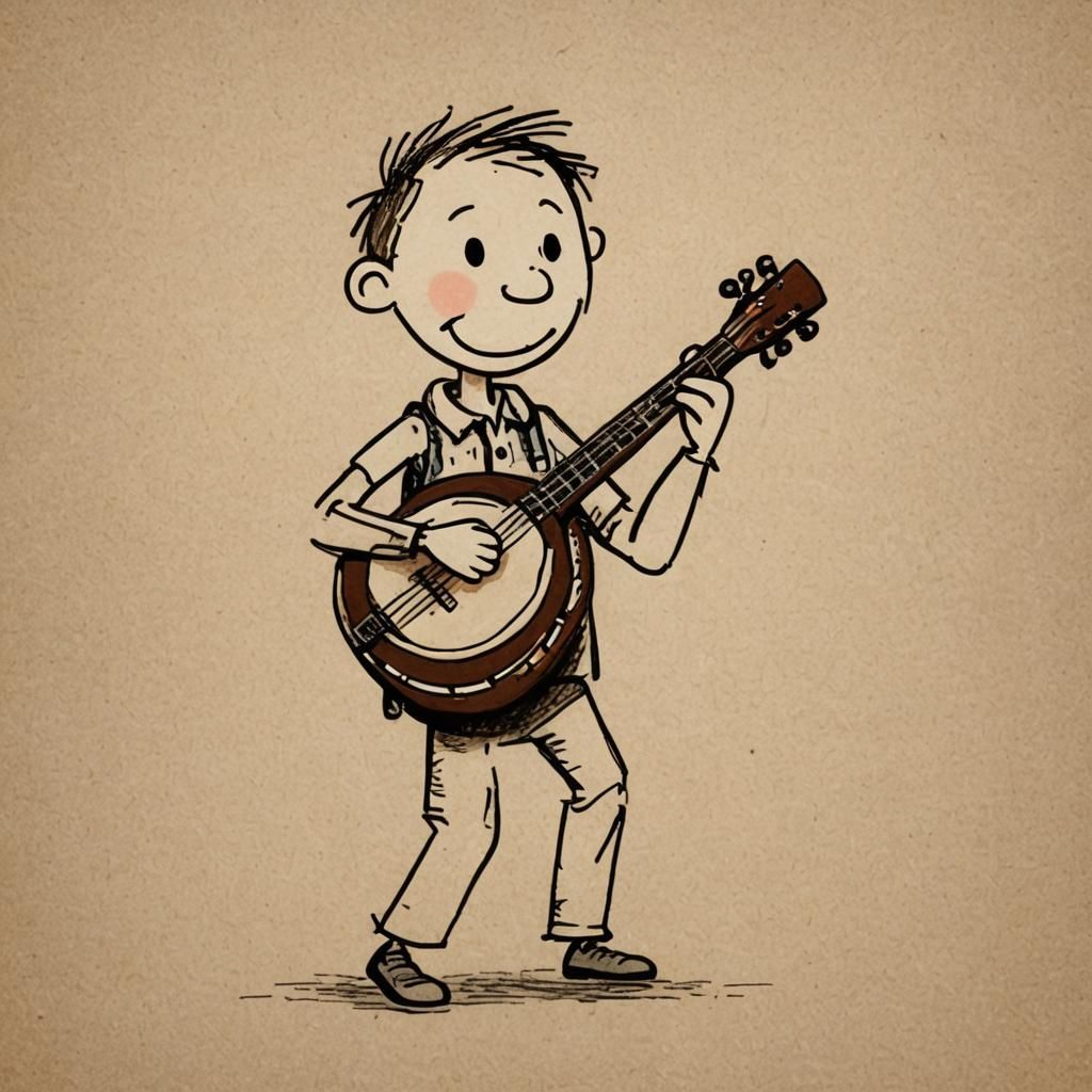 Childlike Drawing of Stick Figure Playing Banjo