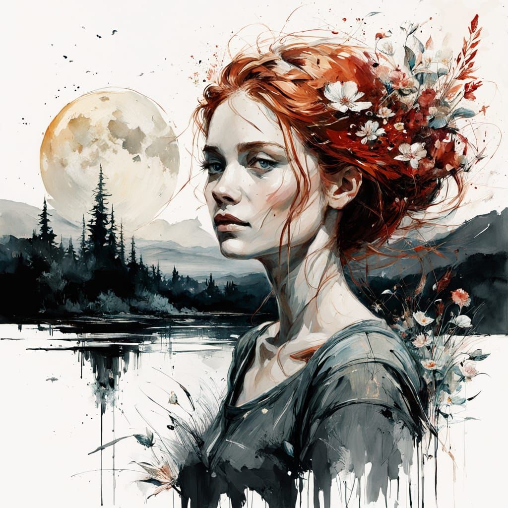 A Red-Haired Woman Stands in a Lush Summer Landscape Under a...