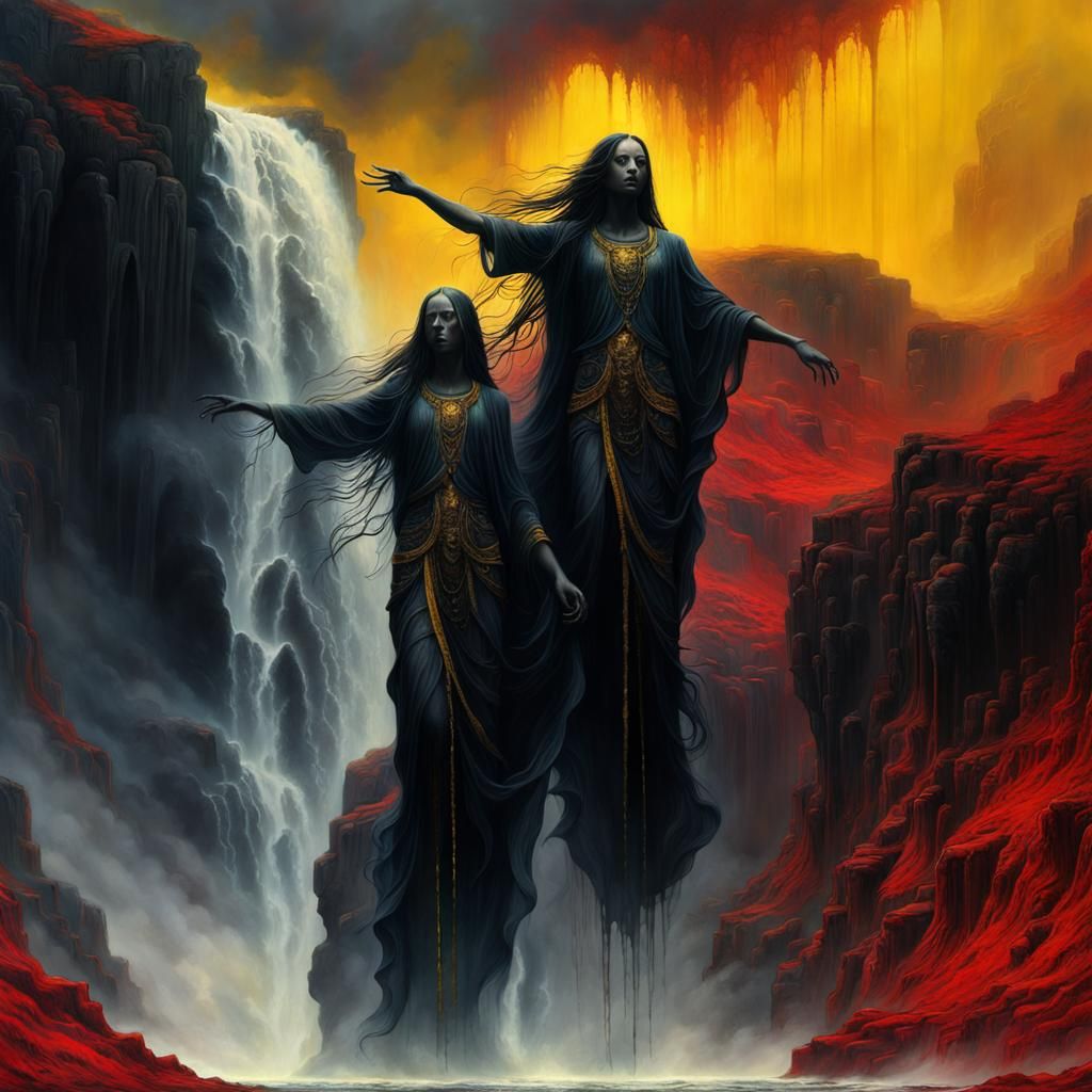 Spirits Dancing in Dark Abyss as Surreal Waterfall