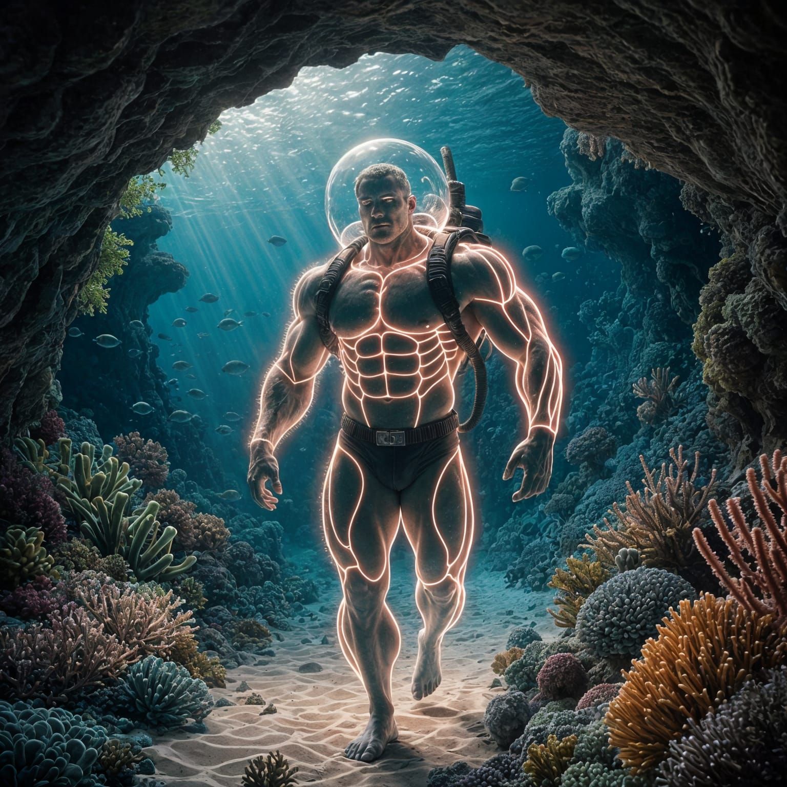 Underwater Biopunk Bodybuilder in Bioluminescent Cave