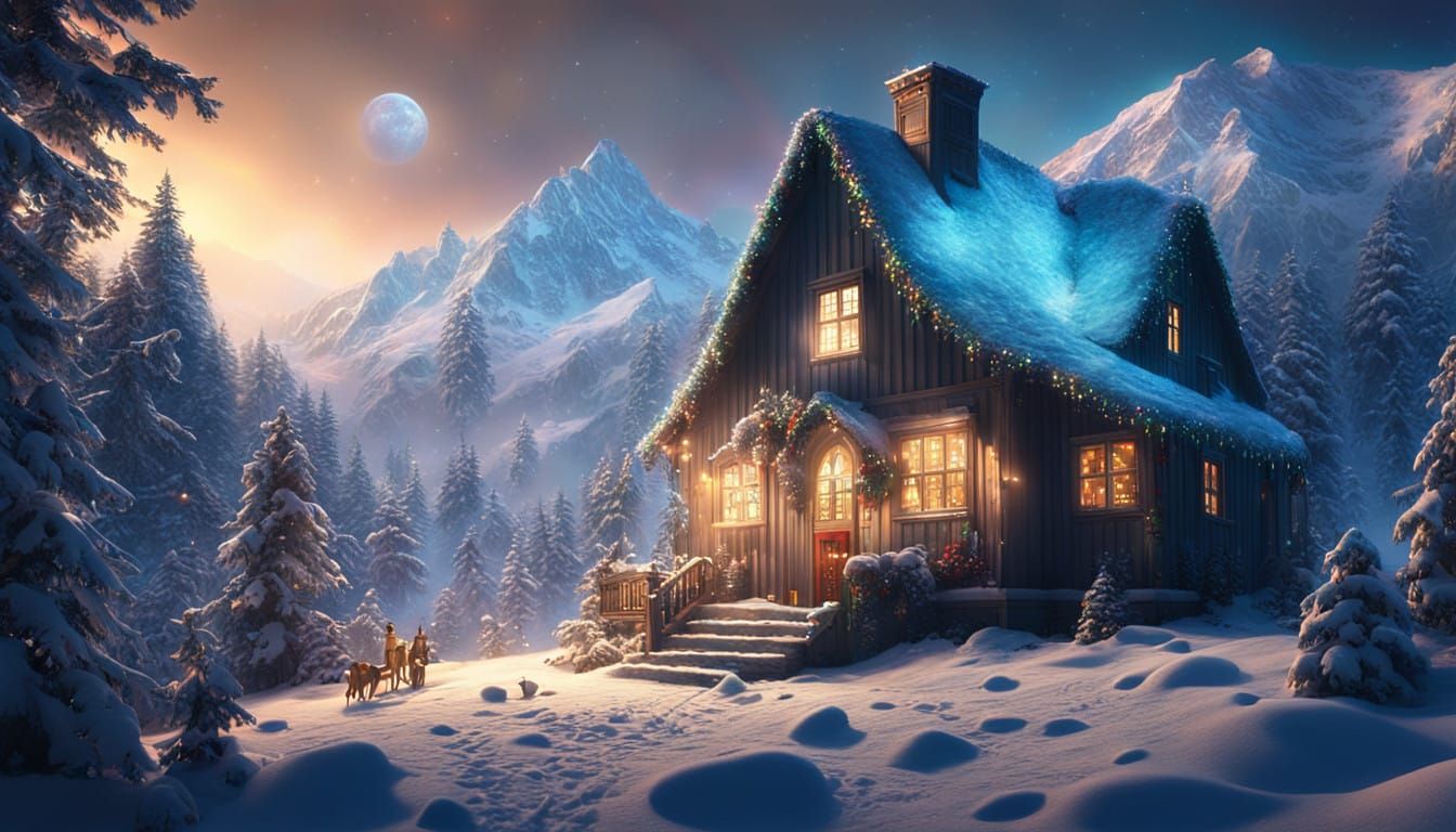 Surreal Snowy Christmas Eve Scene in Hyper-Realistic Cinema...