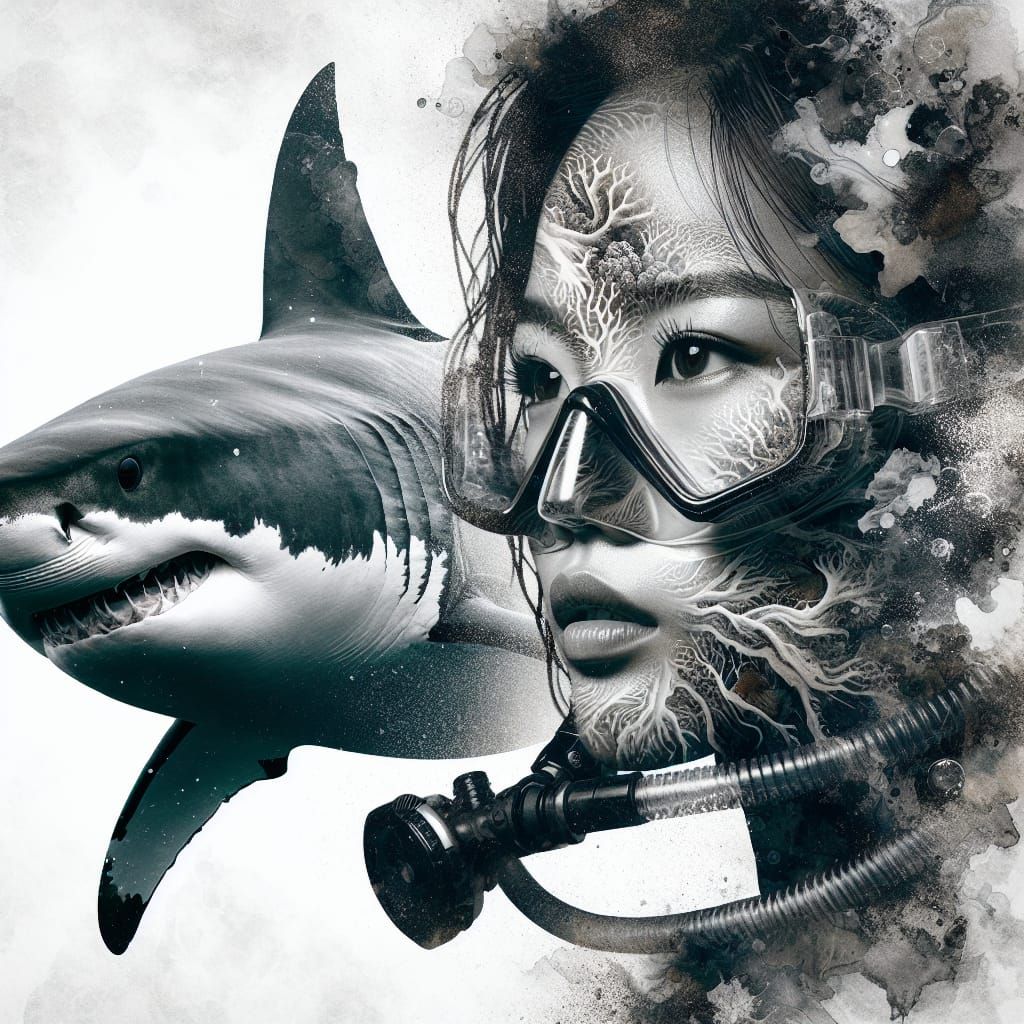 Asian Scuba Diver and Shark in Double Exposure