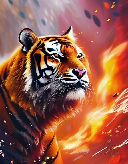 Abstract Fire Tiger Portrait in Digital Painting Style