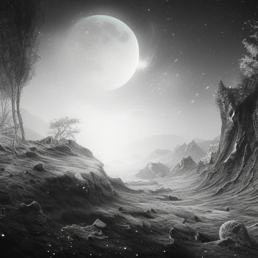 Monochrome Shattered Moon Fragmenting into Dust