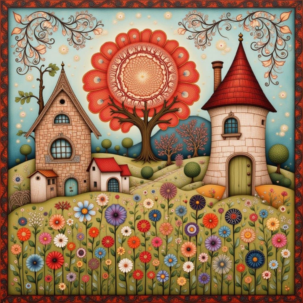 Whimsical Gingham Village in Folk Art Nouveau Style