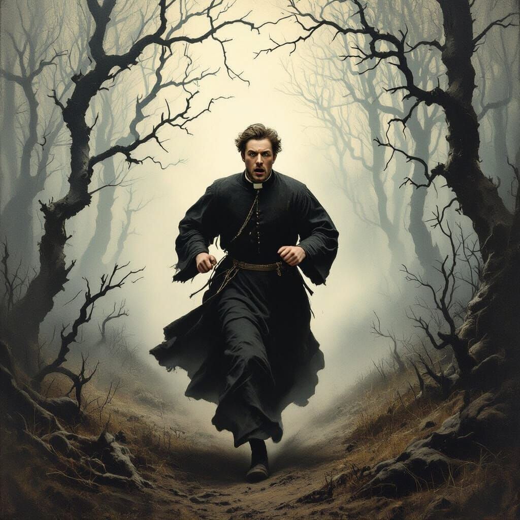 Frightened Priest in Spooky Forest, Gothic Horror Style