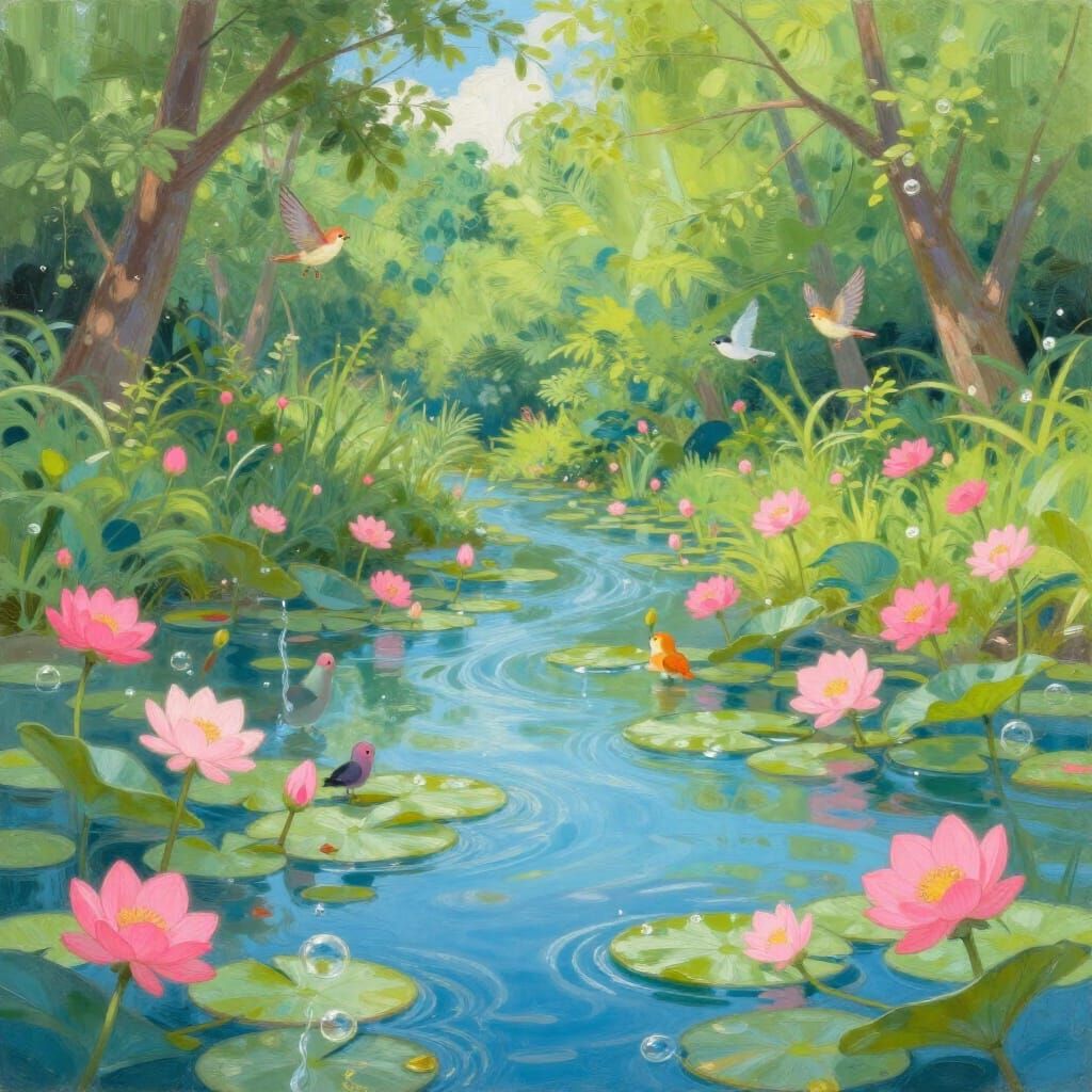 Lily Pads Floating in Blue Stream with Pink Flowers