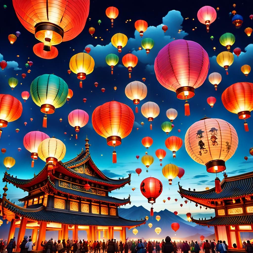 Steampunk Fantasy Temple with Flying Lanterns