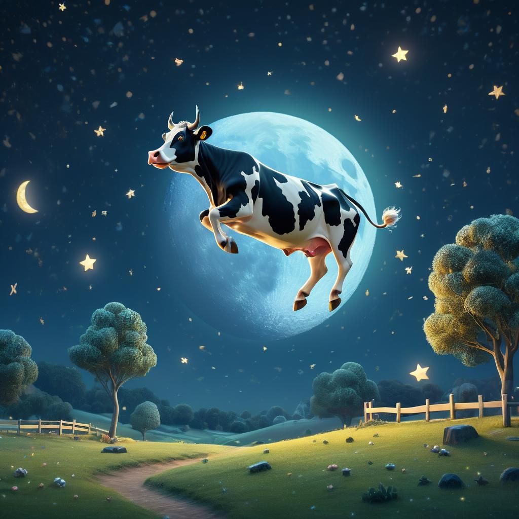 Cow Leaps Over Moon in Whimsical Surrealism
