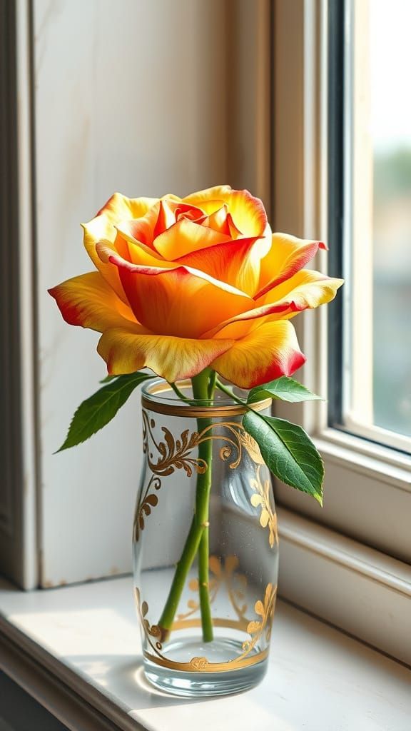 Watercolor Rose in Ornate Gold Trimmed Vase by Open Window