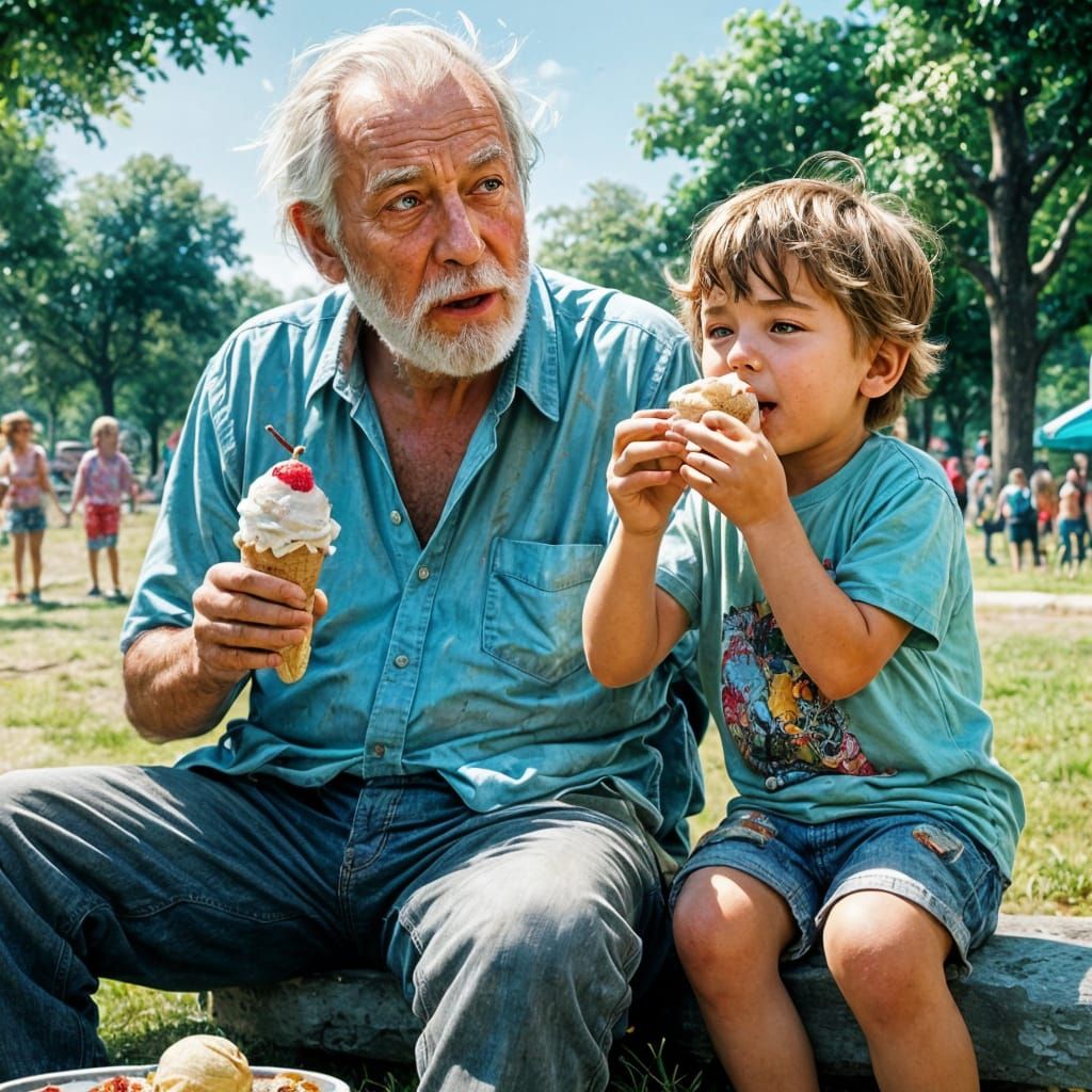 Grandfather and Child Enjoying Ice Cream in Park