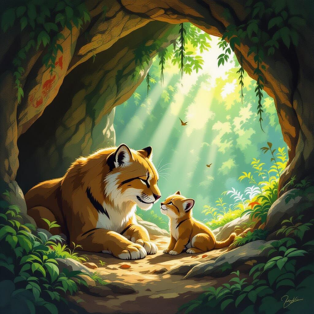 Saber-Toothed Cat Nuzzling Young in Forest Den