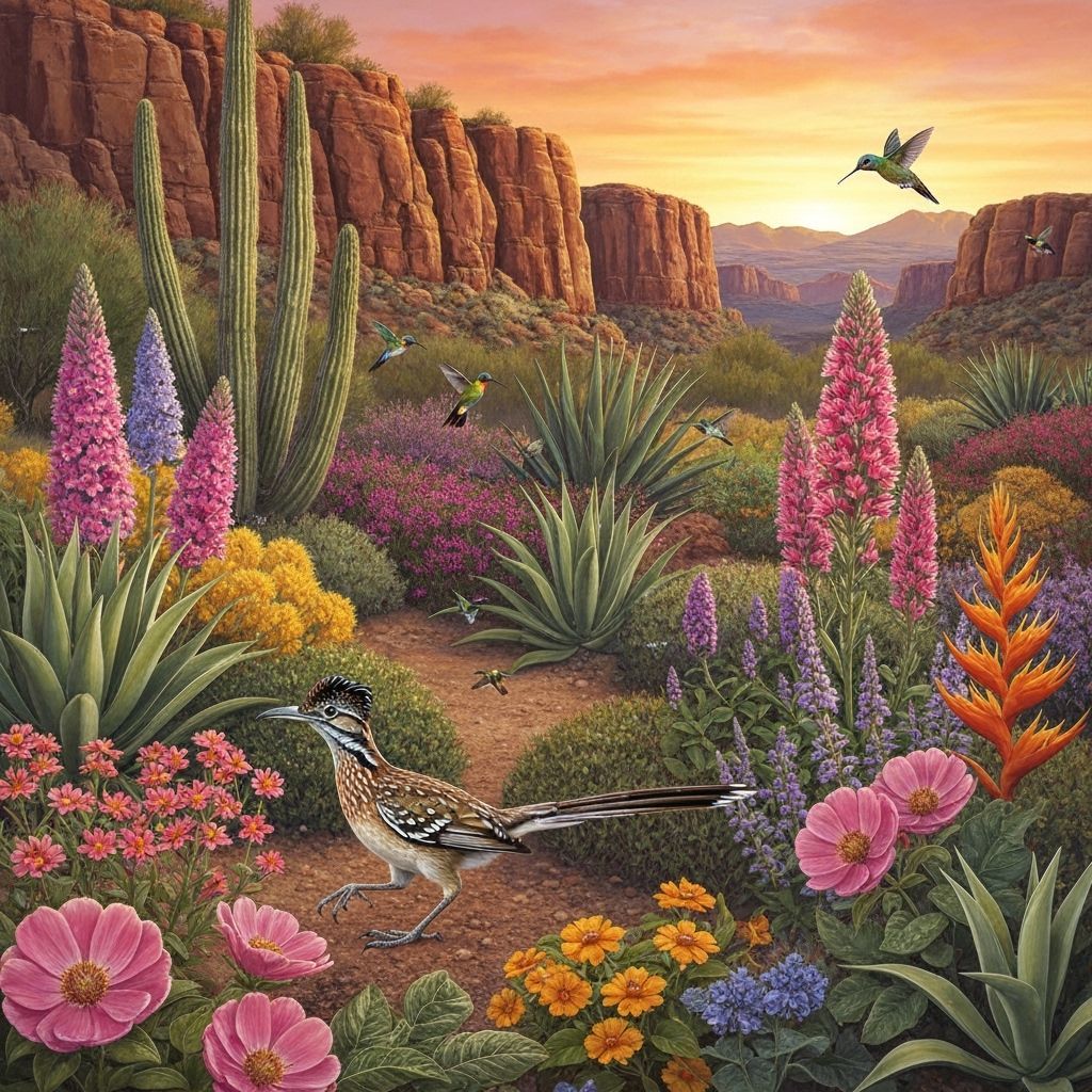 Vibrant Desert Garden with Wildlife and Red Sky