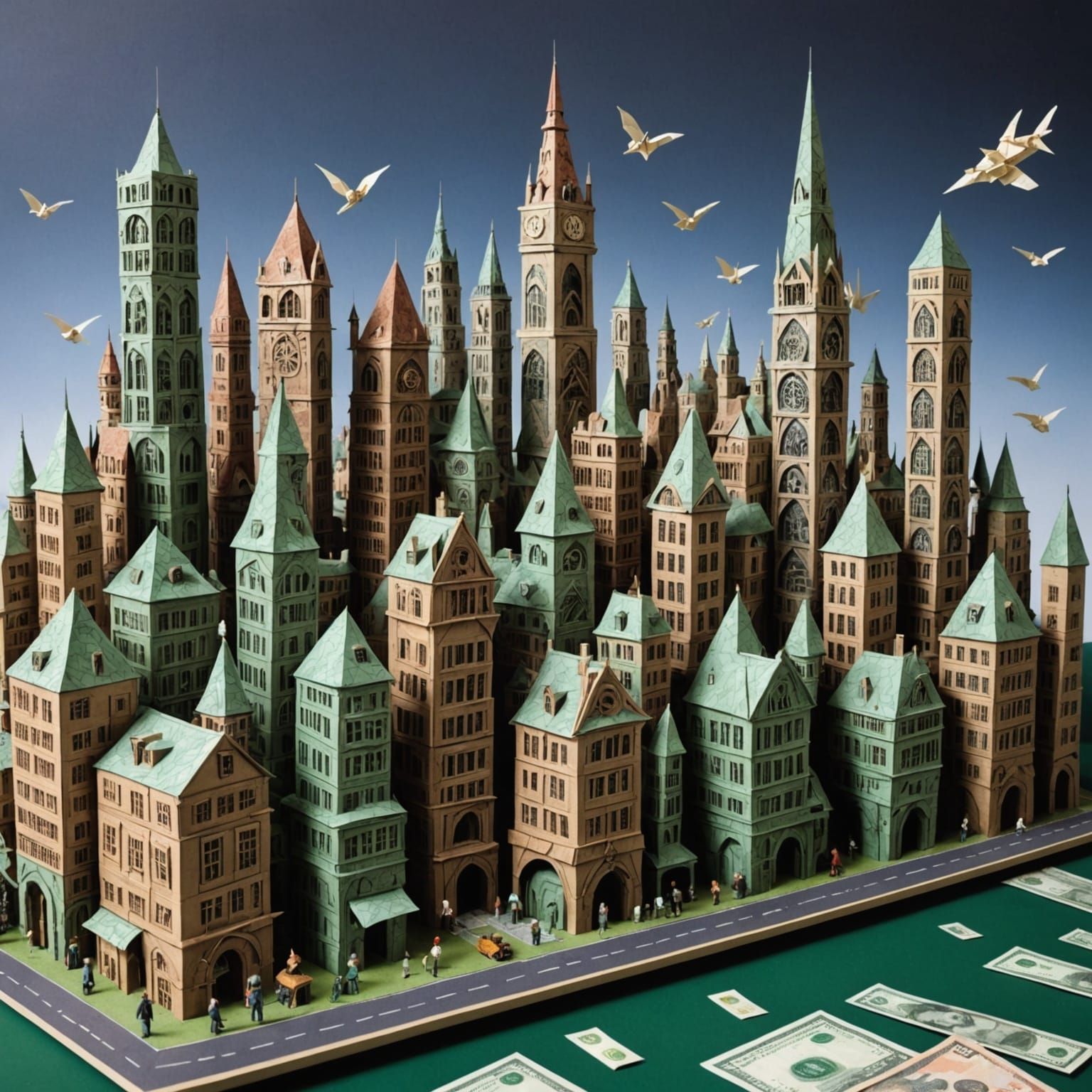 Steampunk Origami City Made of Euro Money