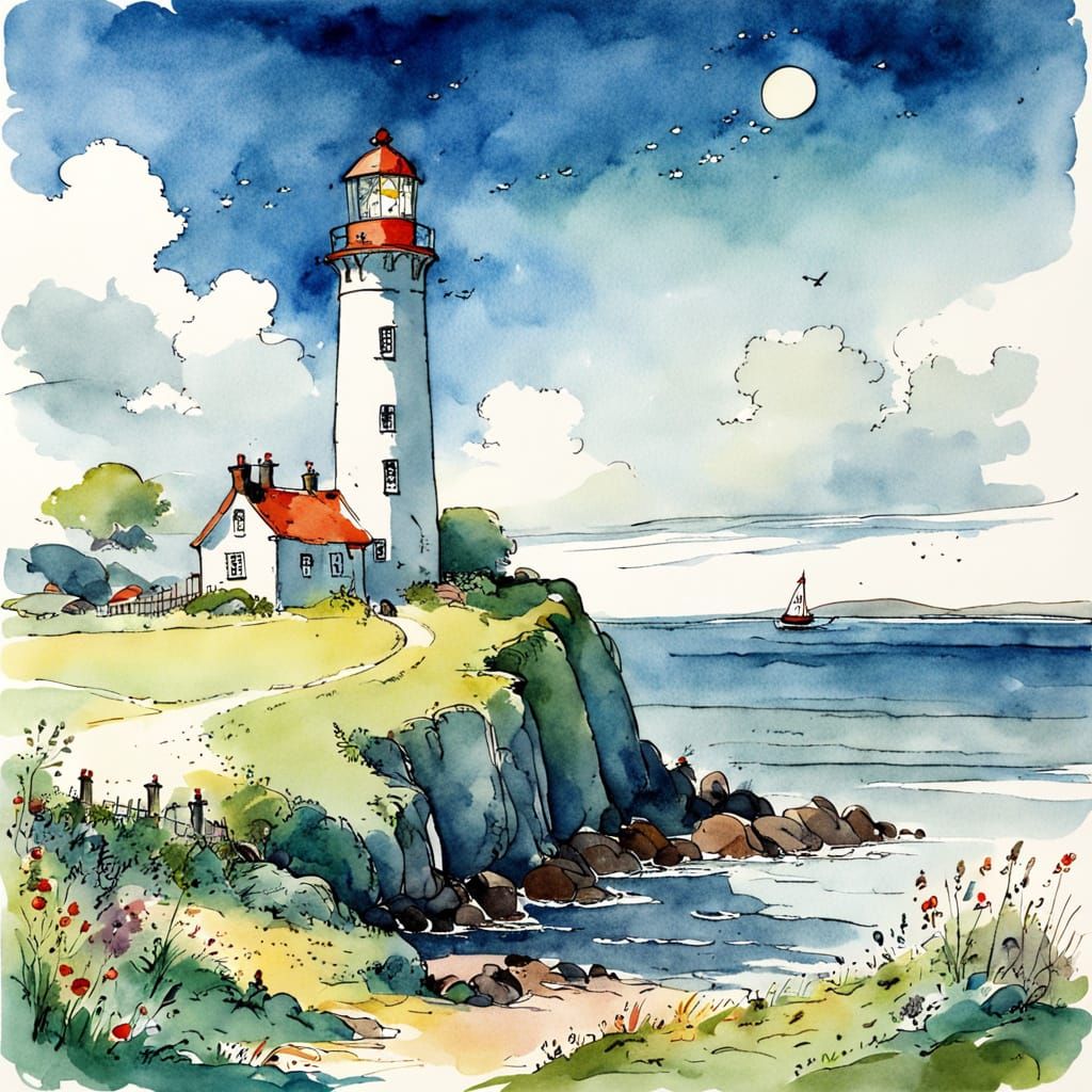 Charming Lighthouse Illustration in Quentin Blake Style