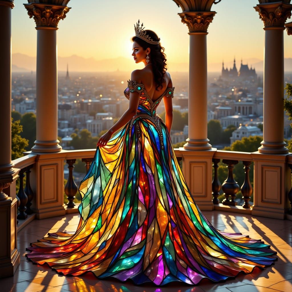 Regal Queen in Stained-Glass Gown on Balcony