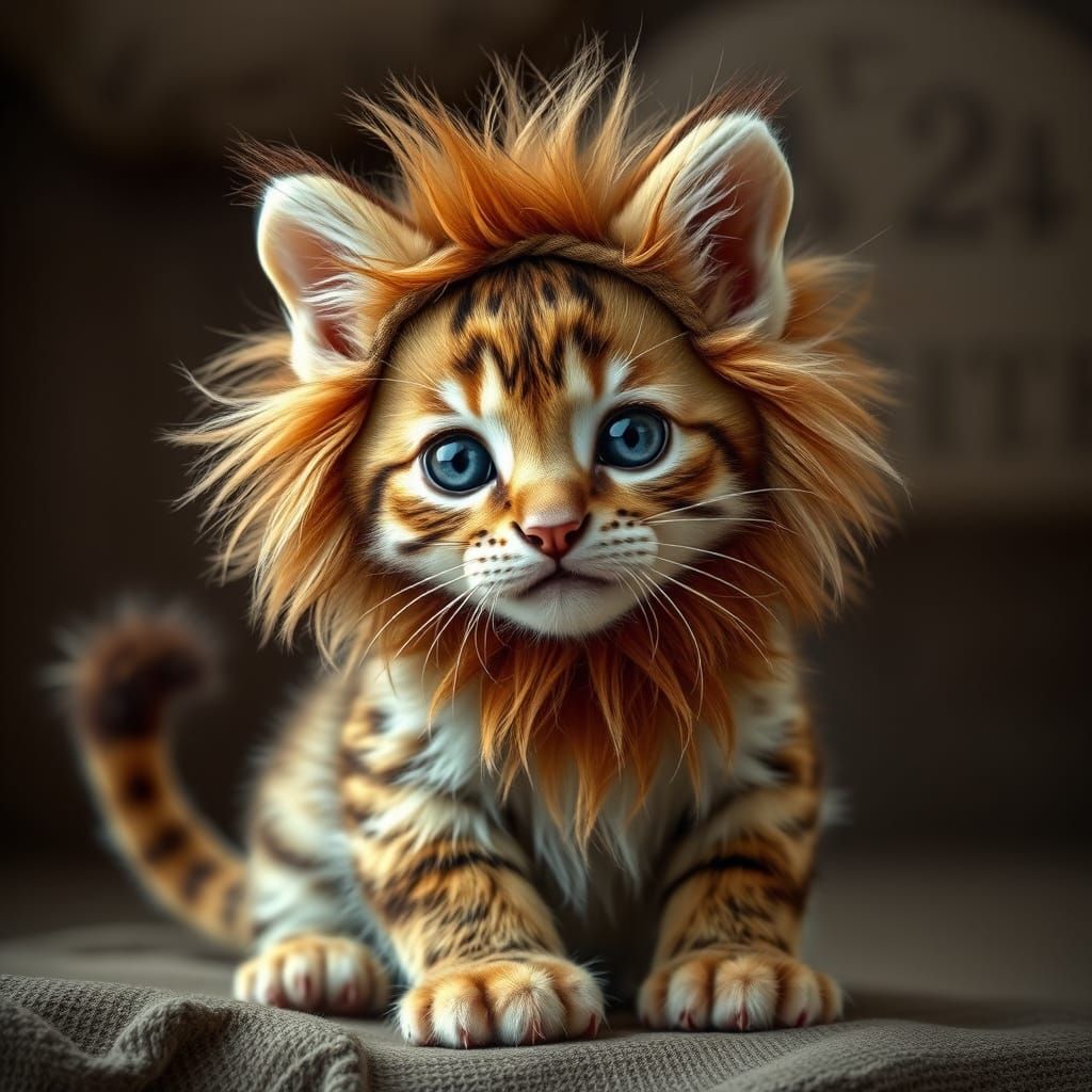 Hyperrealistic Kitten Dressed as a Little Lion