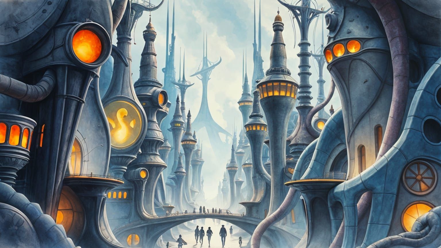 Dreamlike Futuristic Cityscapes in Watercolor Style