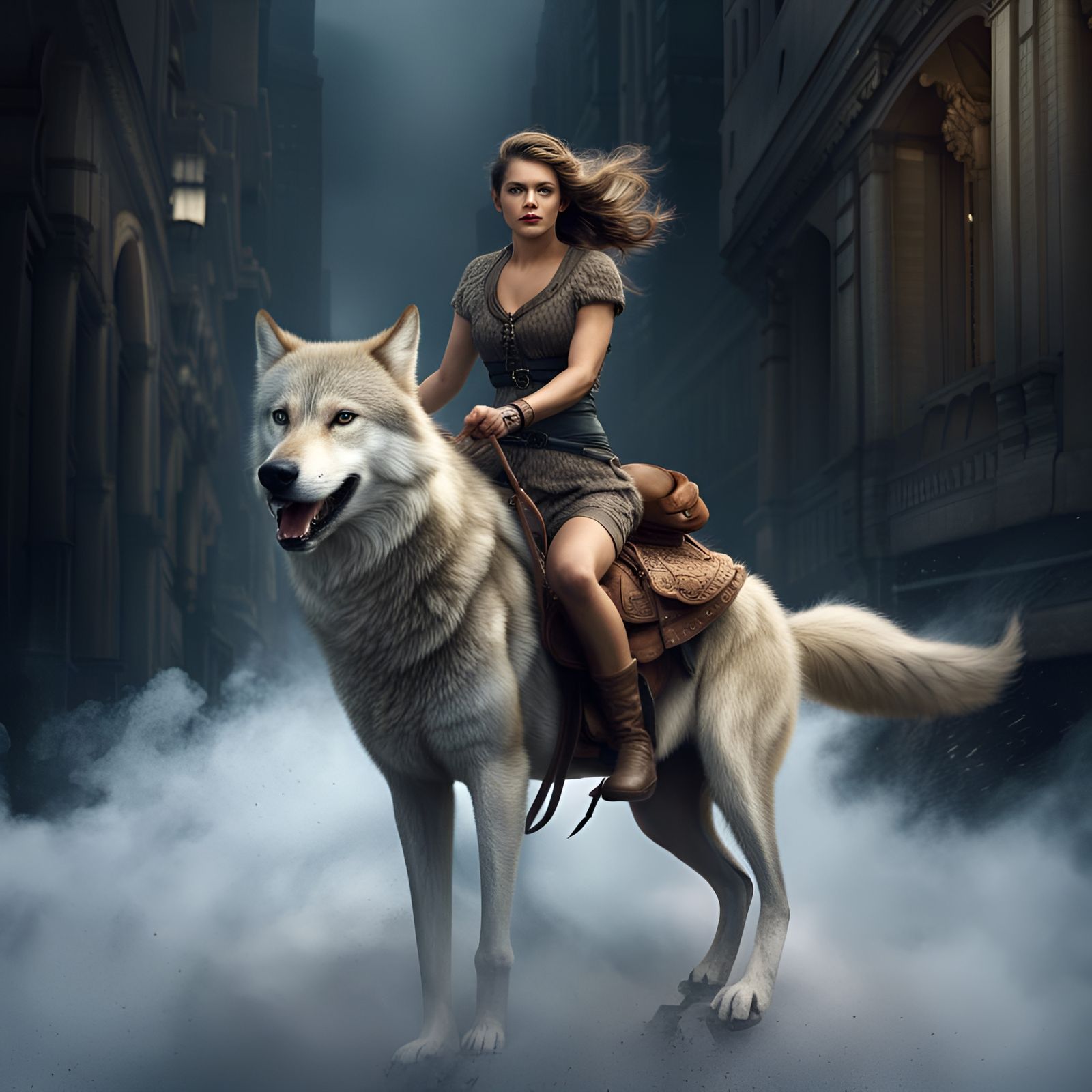 Woman Rides Wolf in Epic Digital Painting