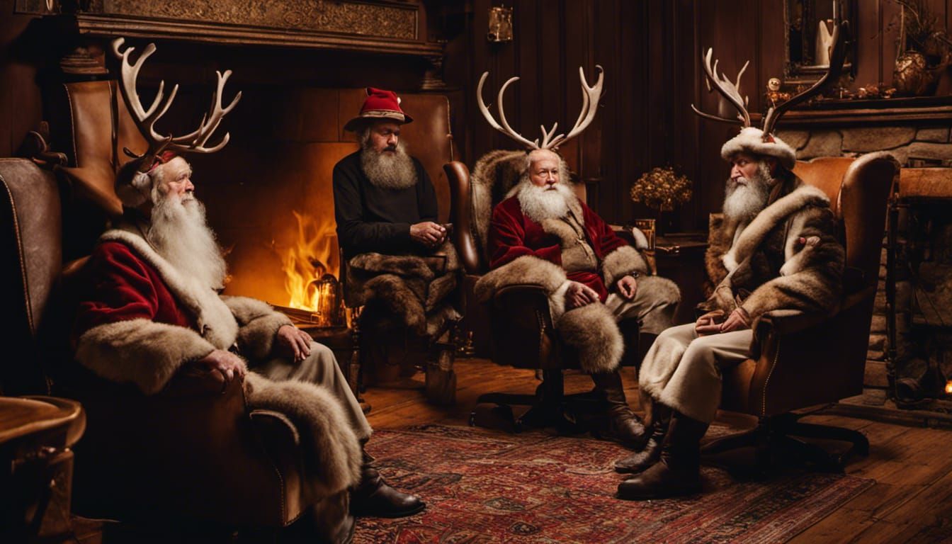 Reindeer Herd Around Santa by Fireplace