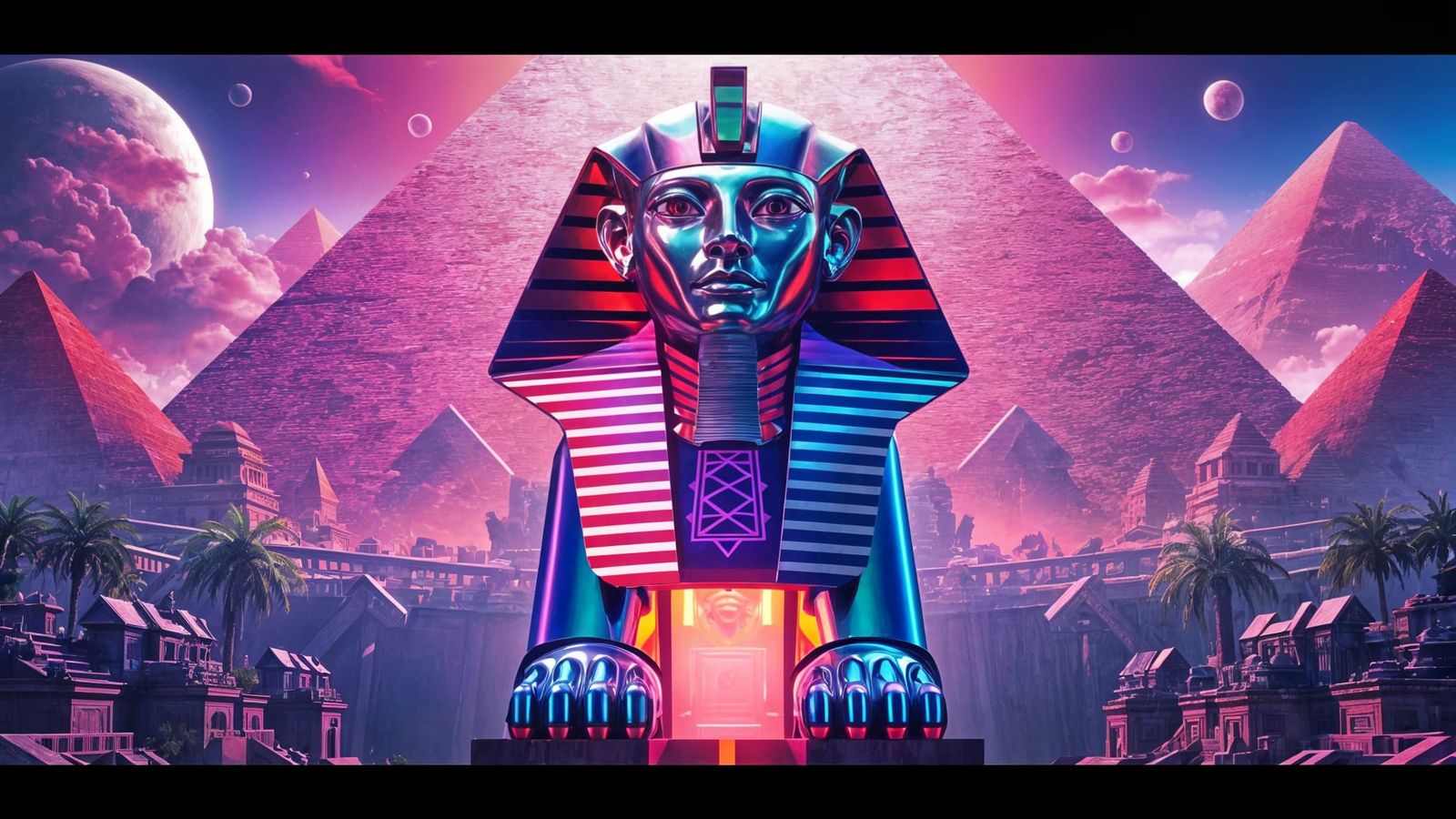 Futuristic Chrome Sphinx Guards Pyramid Entrance