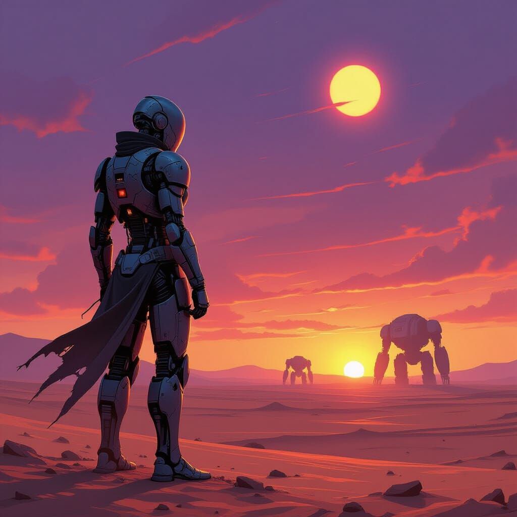 Cyborg Warrior on Desolate Plain Under Binary Sunset