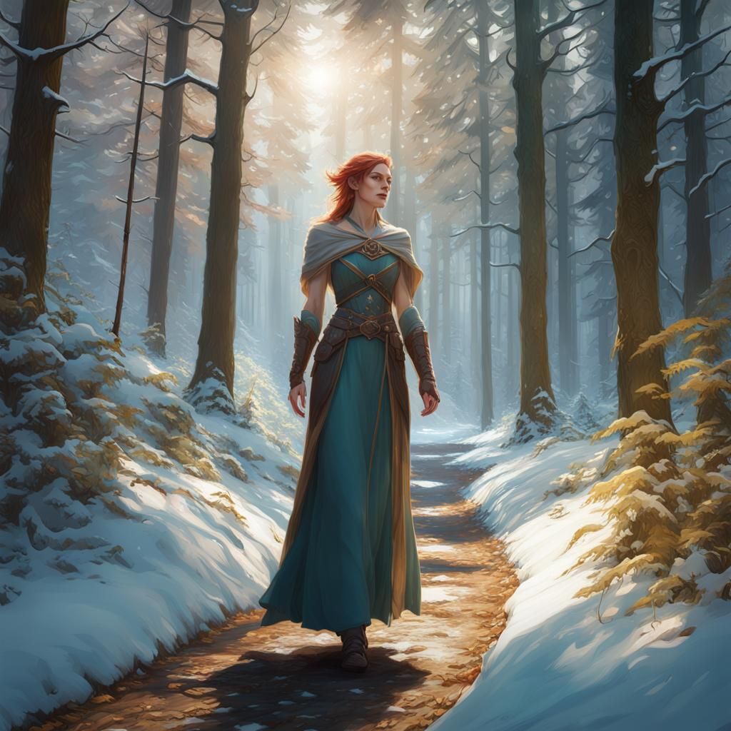 Snowy Forest Path with Sunrays in Hyperdetailed Style