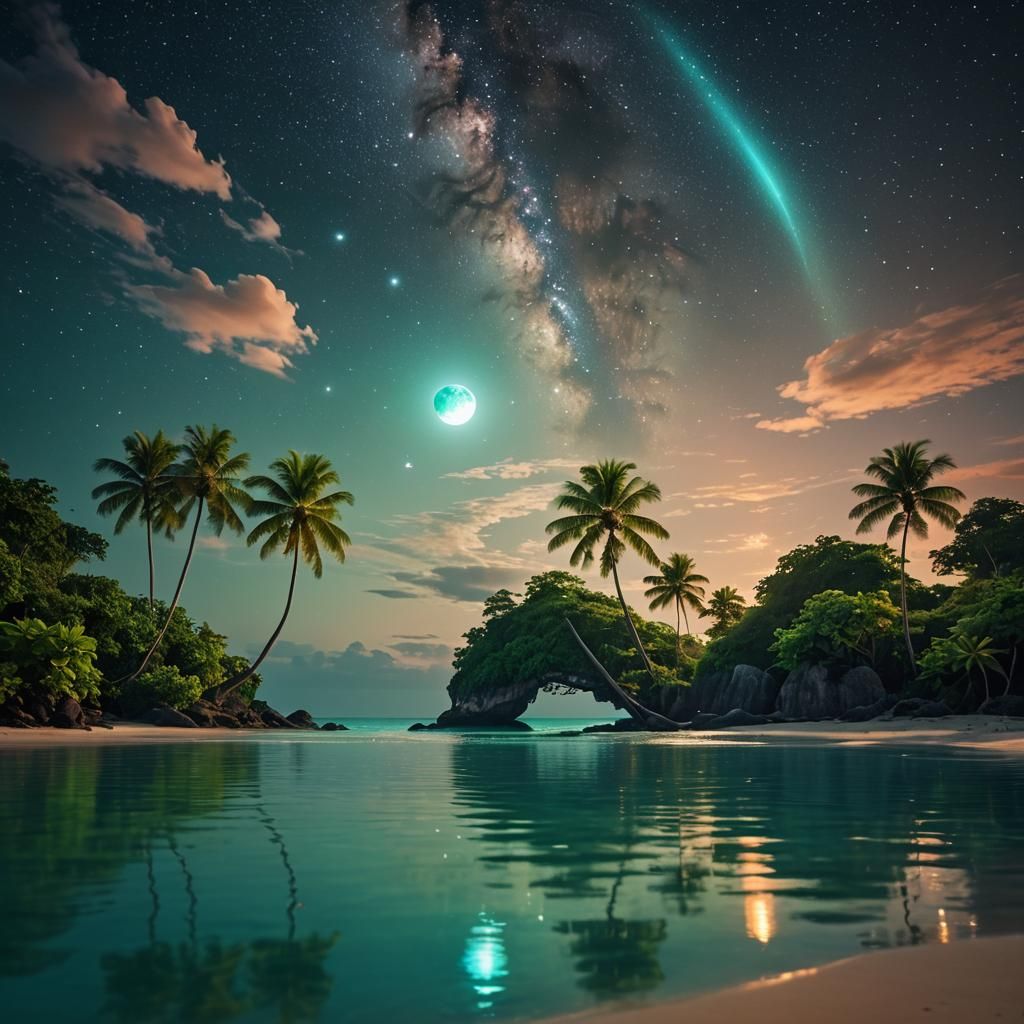 Surreal Tropical Beach with Planets in the Sky