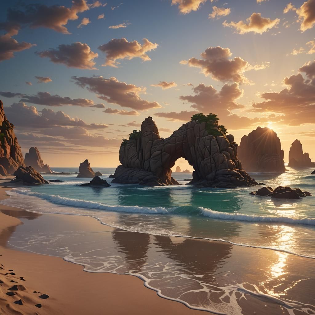 Sunrise Beach with Arch Rock Formation in Fantasy Style