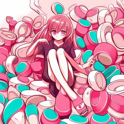 Pink and Teal Flip Flops in Anime Style