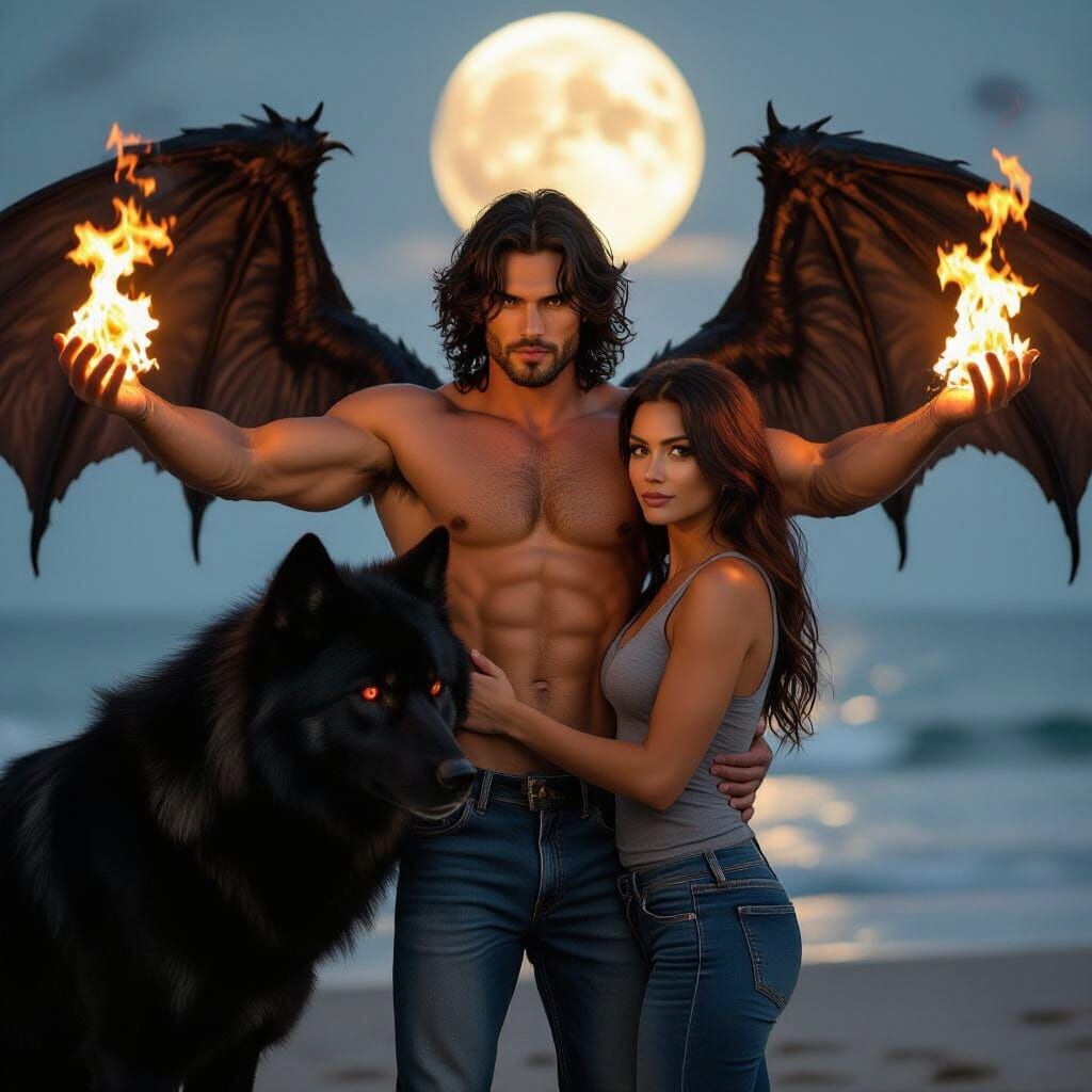 Demonic Protector With Woman and Wolf on Beach