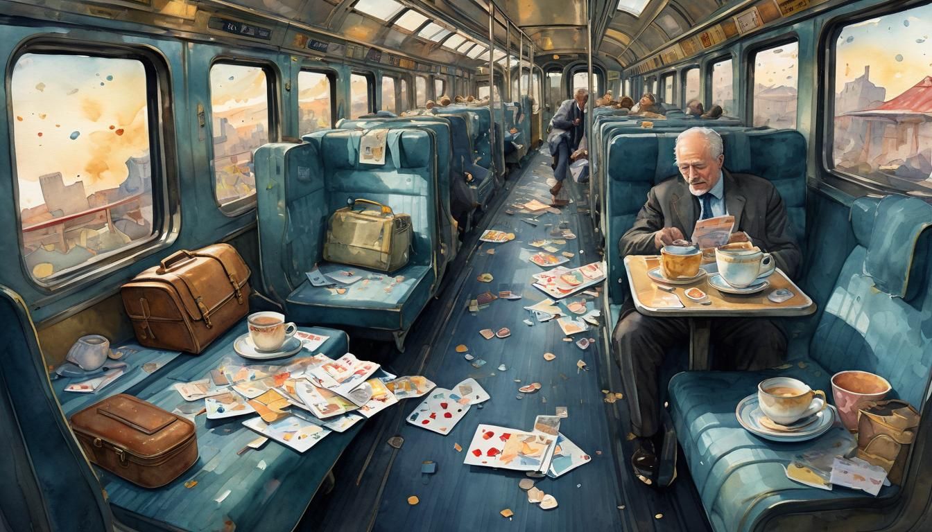 Humorous Train Scene in Watercolor Style