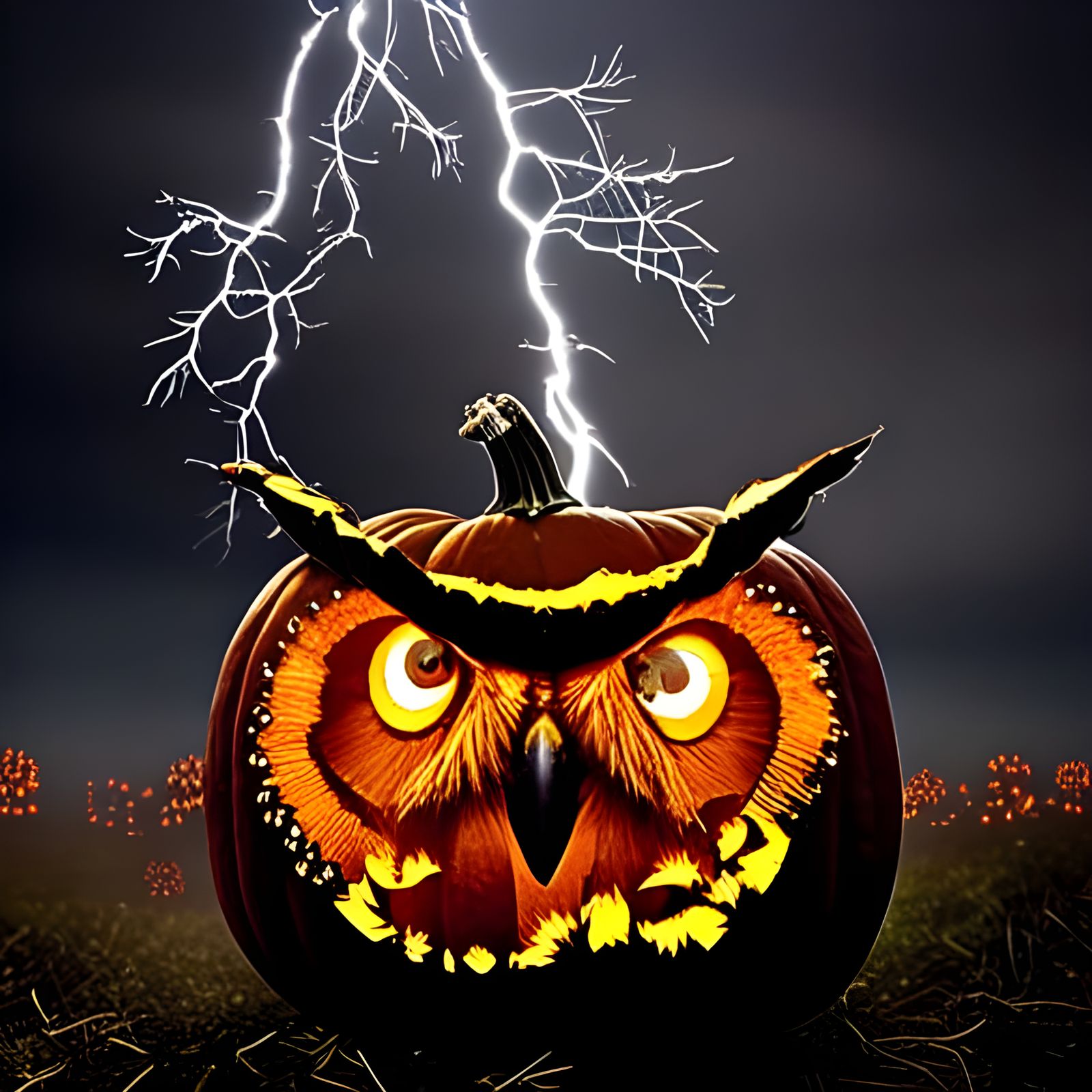 Pumpkin Owl Portrait in Halloween Lightning Storm