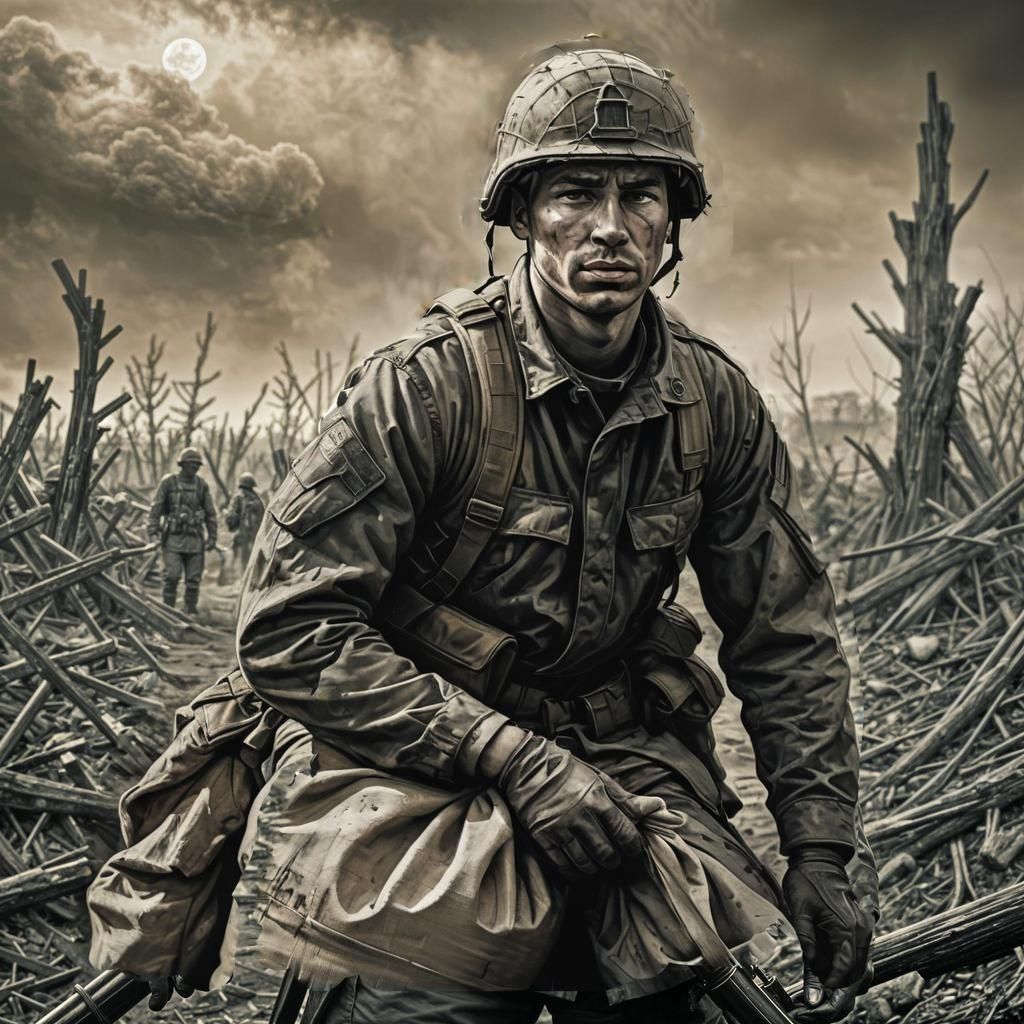 Soldier at War in Engraving Style