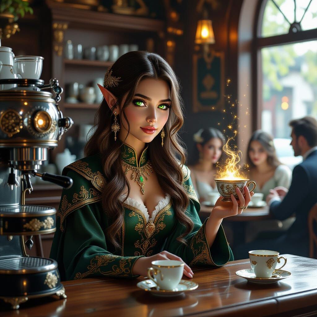 Elf Barista Serves Magical Coffee in Surreal Cafe