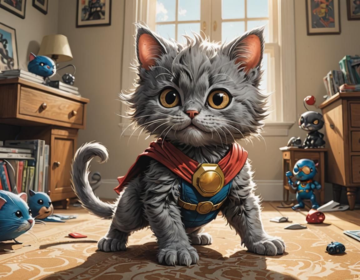 Kitten Superhero vs Wind-Up Mouse, Comic Book Art