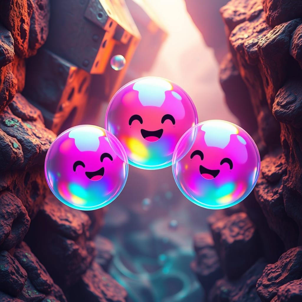 Vibrant Neon Bubbles in Whimsical Fantasy Landscapes