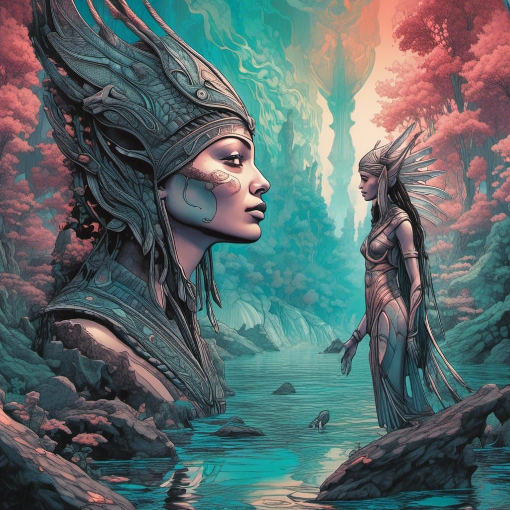 Goddesses Meet in Scandinavian River: Ink Art