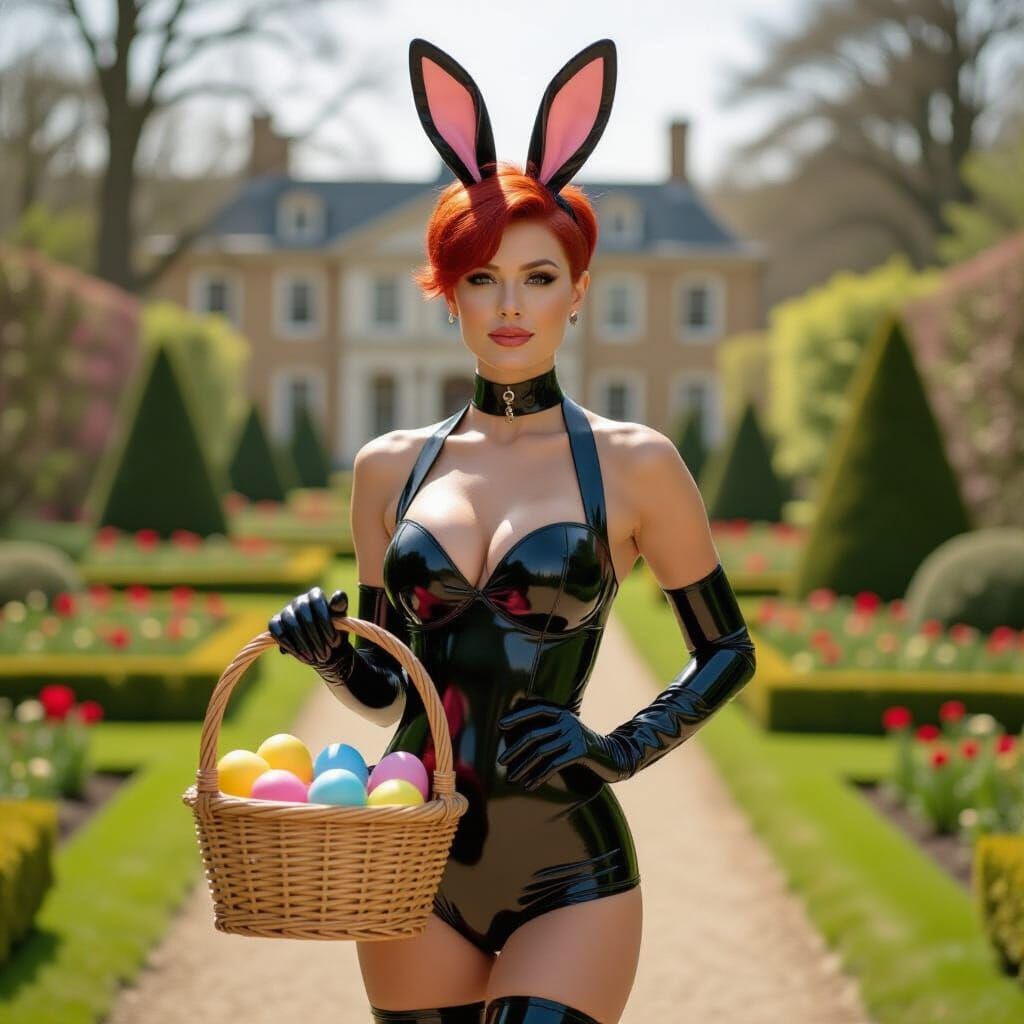Playboy Bunny in English Garden with Easter Basket