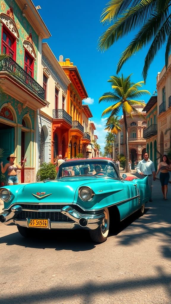 Teal Cadillac in Vibrant Cuban Street Scene