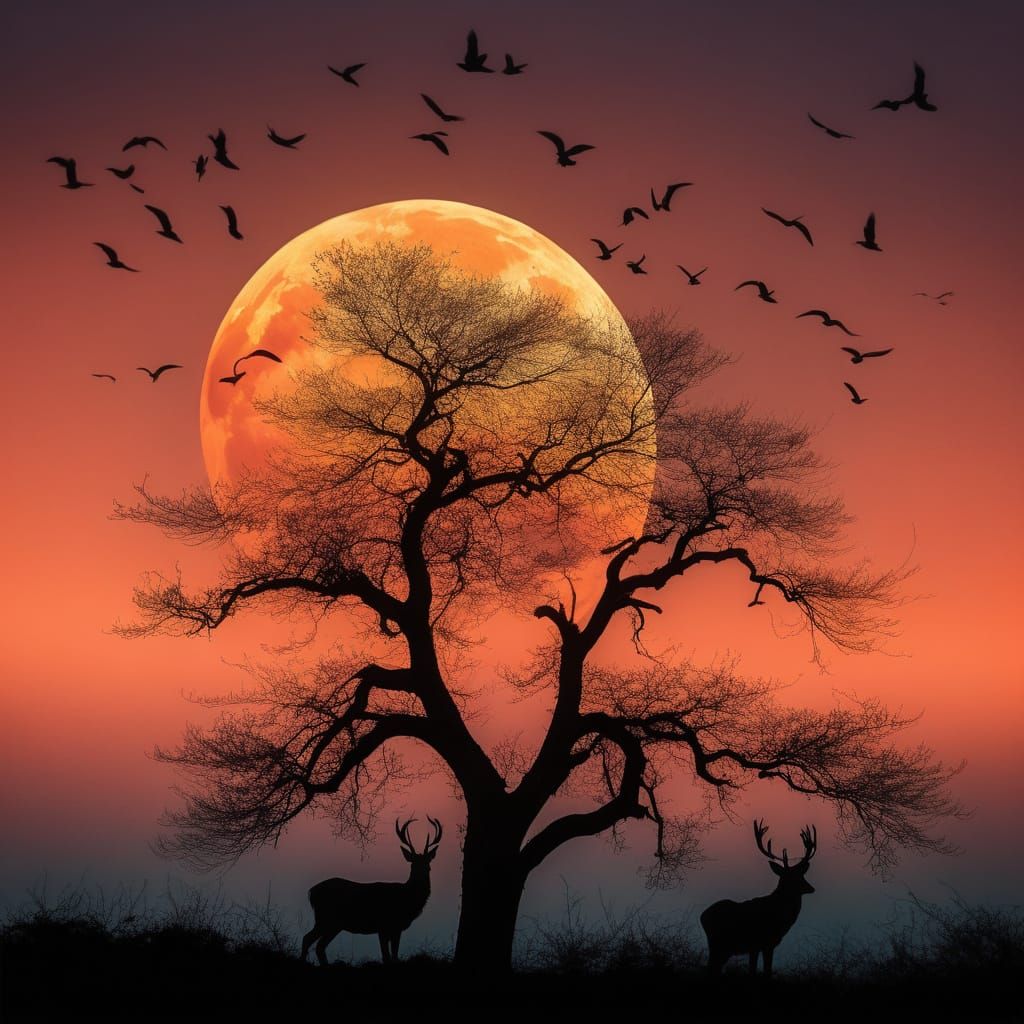 Blood Orange Coral Moon Illuminates a Barren Landscape in a ...