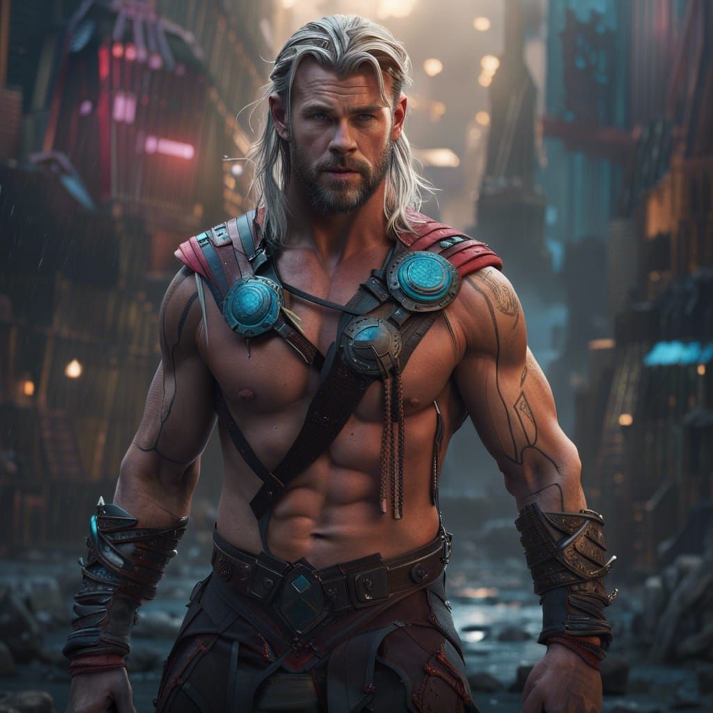Cyberpunk Barbarian: Muscular Thor in Sakaar Undercity