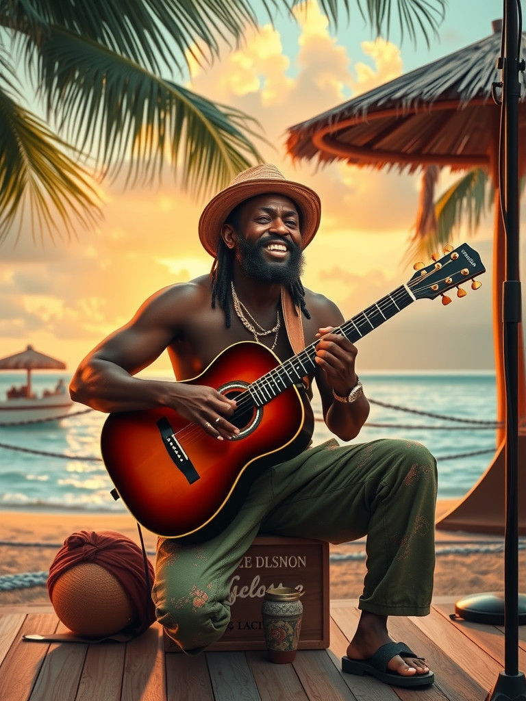 Joyful Musician Performing on Tropical Island
