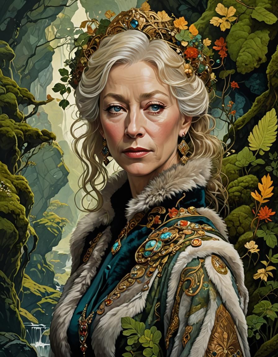 Young Helen Mirren Illustration in Art Nouveau Style